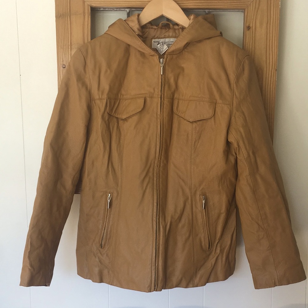 Newport News tan leather jacket with hood